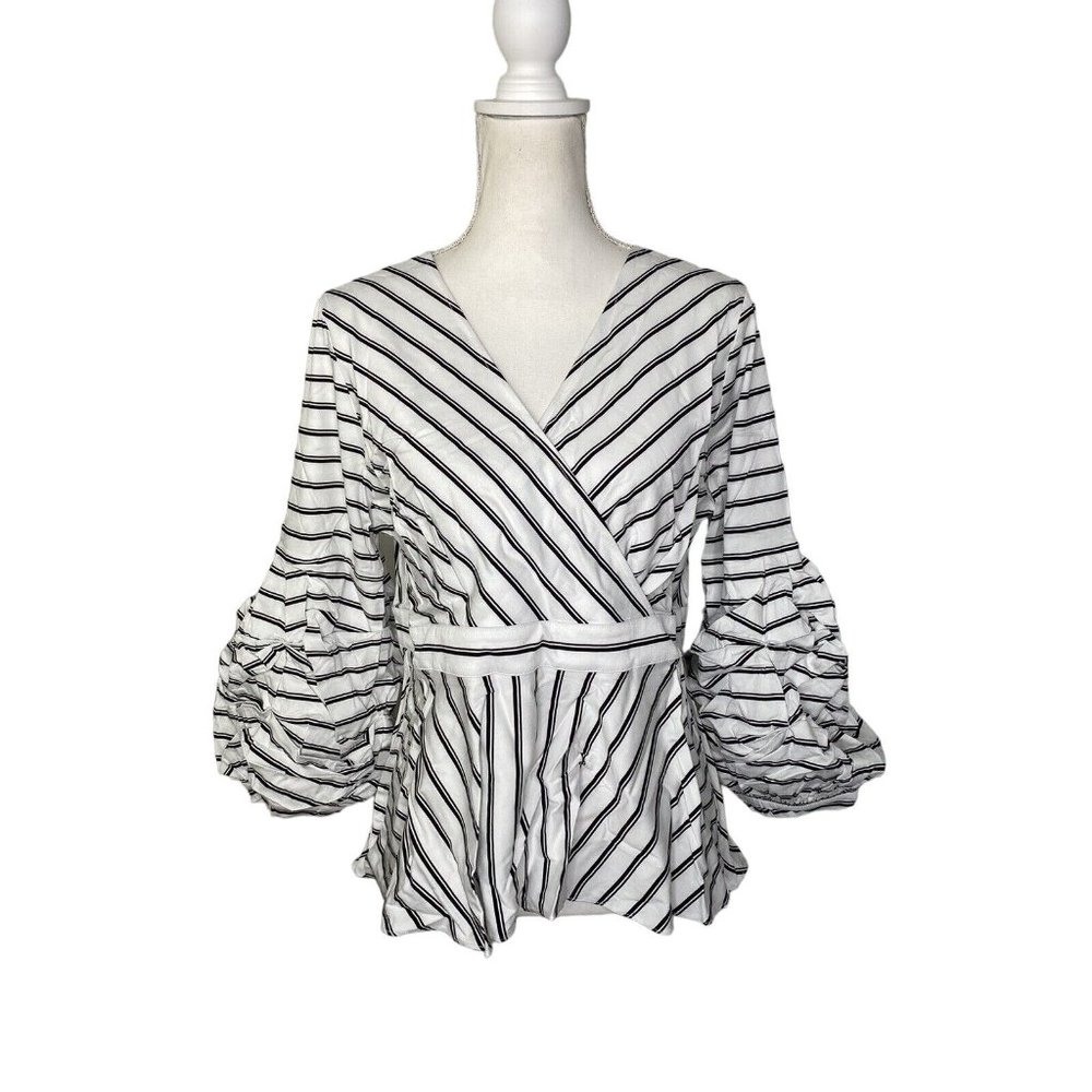 DuJour Women's striped poplin blouse white black puff sleeves size 14